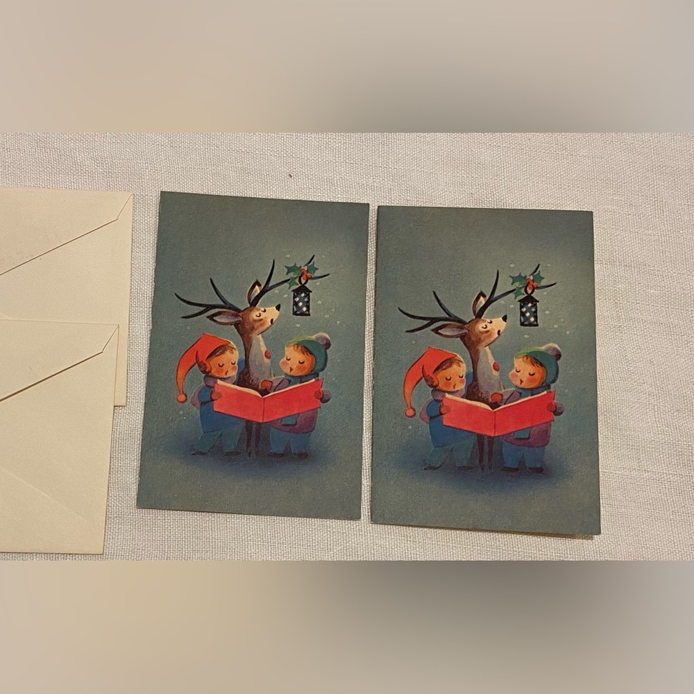 2 vintage Christmas cards ('50s) Carolers with Reindeer ~Norcross unsigned.